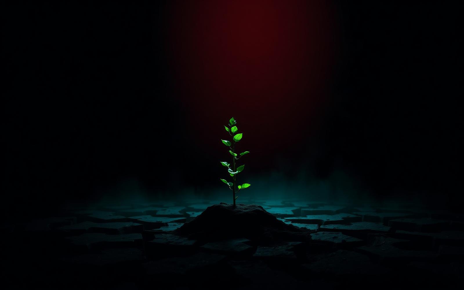 A single sapling glowing on cracked ground